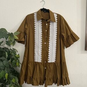 BEULAHSTYLE tunic Ruffled Front Lace Detail Mini Dress Sz L